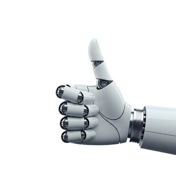 White robotic hand gesture showing a thumbs up sign against a clean bright isolated background
