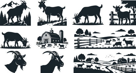 Goat silhouette vector graphics set featuring rural farm landscapes barns and billy goat head icons for agriculture branding © Sirajul
