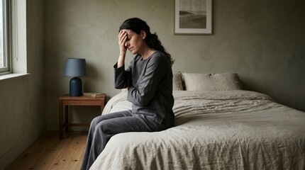 Fototapeta premium Migraine sensitivity portrait in dim bedroom with hand shielding eyes