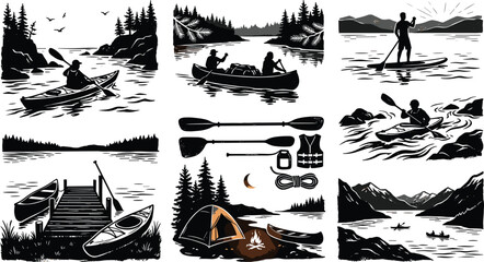 Outdoor water sports and camping silhouette illustration set featuring kayaking canoeing paddleboarding campsite tent and scenic wilderness landscapes © Sirajul