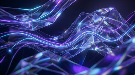 Naklejka premium Abstract 3D Crystal Prism Waves with Glowing Purple and Blue Neon Light Trails
