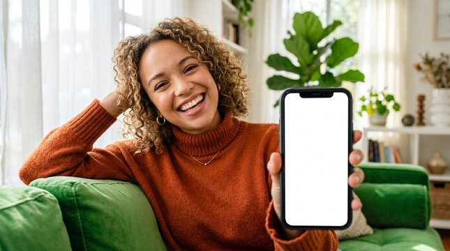 Happy young woman holding mobile phone in hand showing cellphone display, presenting big white blank cellular display template mock up, smartphone mockup screen for digital application promo ads.