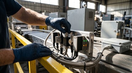 Fototapeta premium Technician Inspecting Networked Sensors For AI Security On Production Line