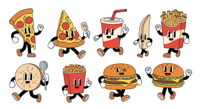 Fun collection of vintage-style fast food characters including pizza, burgers, fries, and drinks with expressive faces and limbs.