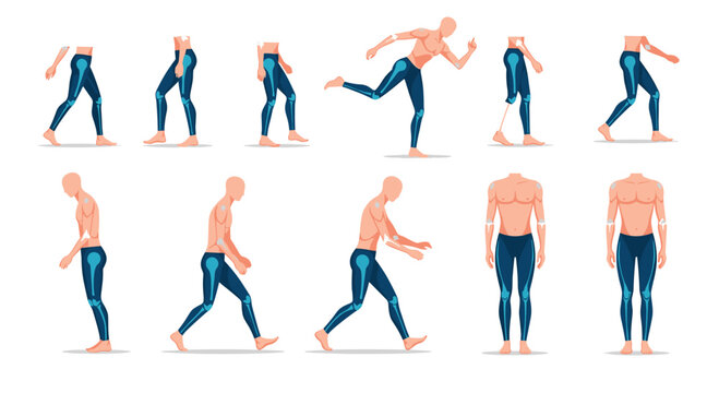 Set of human body figures in various active poses including walking, running, and standing with a focus on anatomy and movement.