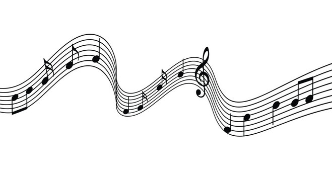 Beautiful illustration of black musical notes and a treble clef flowing along a dynamic wavy staff on a clean white background.