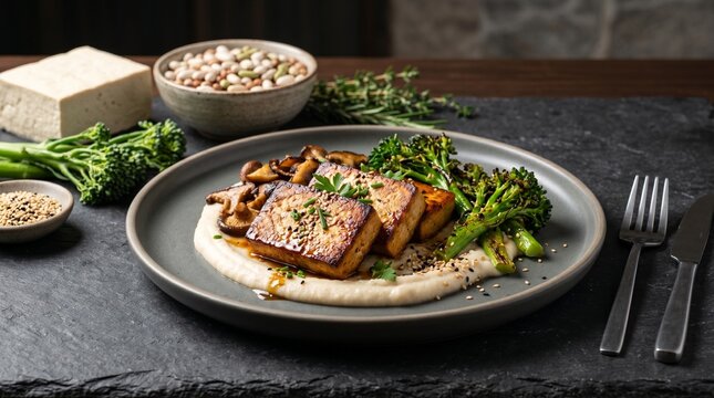 Modern high protein tofu plate with beans broccolini and mushrooms