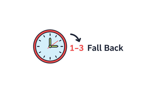Clock face with an arrow pointing backward and the text fall back illustrates the daylight saving time change for autumn.