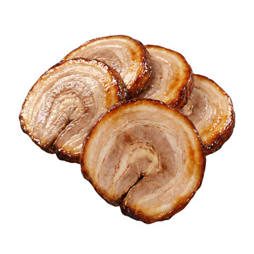 Slices of roasted Japanese chashu pork belly isolated on white background ramen ingredient concept
