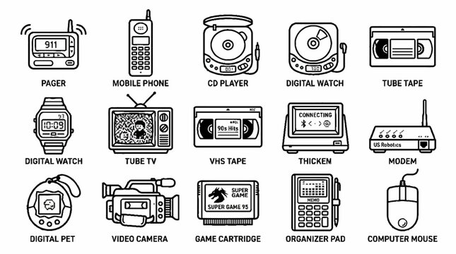 Vintage Retro Technology Icons Set Featuring Pager Mobile Phone CD Player VHS Tape and Video Camera.