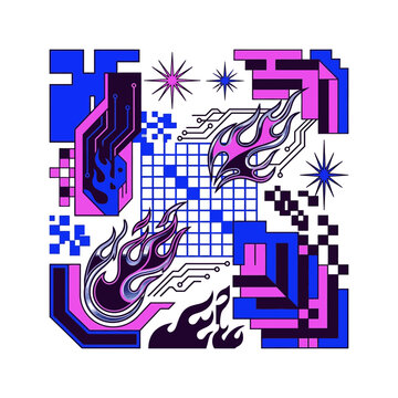 Abstract cyber graphic design with flames and pixel grids