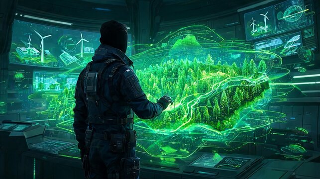 Futuristic operator in dark tactical gear interacts with a vibrant holographic map of green pine forests