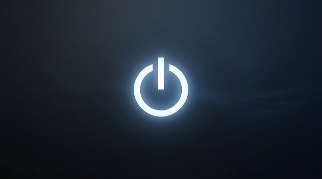 Glowing white power button icon on dark blue background