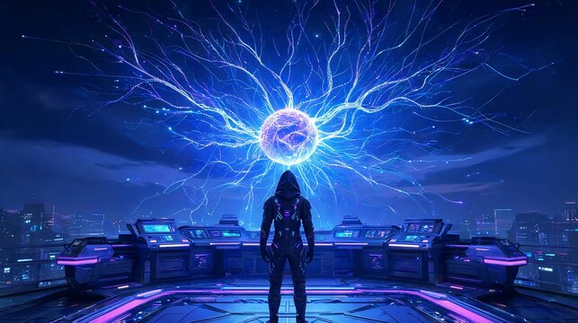 Hooded figure stands before a glowing pulsating energy sphere in a futuristic high tech command center