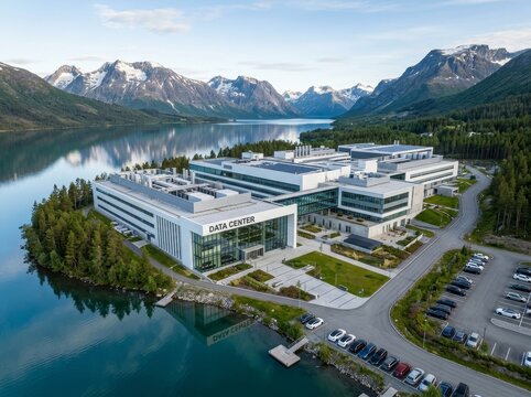 Aerial view of a modern data center by a tranquil lake with mountains in the background.