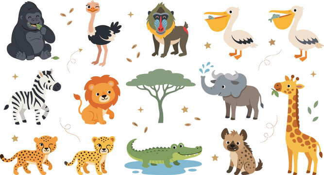 Cute Safari Animals Collection Featuring Gorilla Ostrich Baboon Pelican Zebra Lion Elephant Giraffe and Wildlife Illustrations