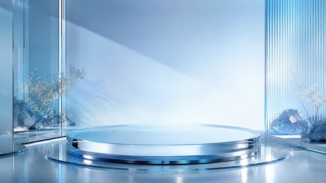 Clean Copy Space Textured Colorful Blue Glass Podium on Minimalist Stage