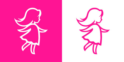 Logotipo de boutique de moda infantil. Dibujo minimalista con líneas de una niña andando de perfil con un vestido y el pelo suelto y ondulado en rosa y blanco  © teracreonte