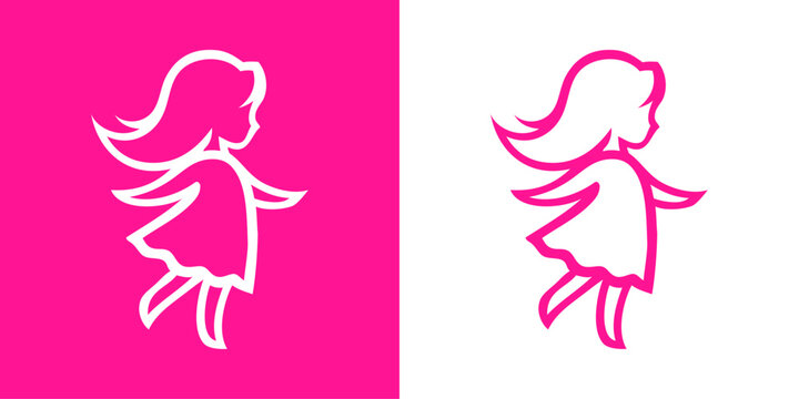 Logotipo de boutique de moda infantil. Dibujo minimalista con l&iacute;neas de una ni&ntilde;a andando de perfil con un vestido y el pelo suelto y ondulado en rosa y blanco 