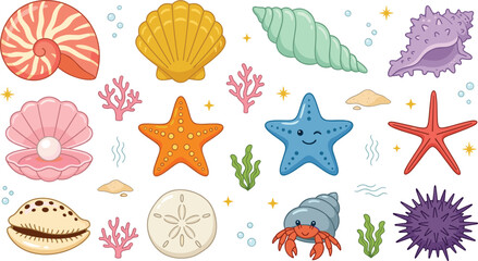 Cute Sea Shells and Marine Life Collection Featuring Starfish Coral Crab Nautilus Shell and Ocean Treasures Illustrations © Yevhenii creative