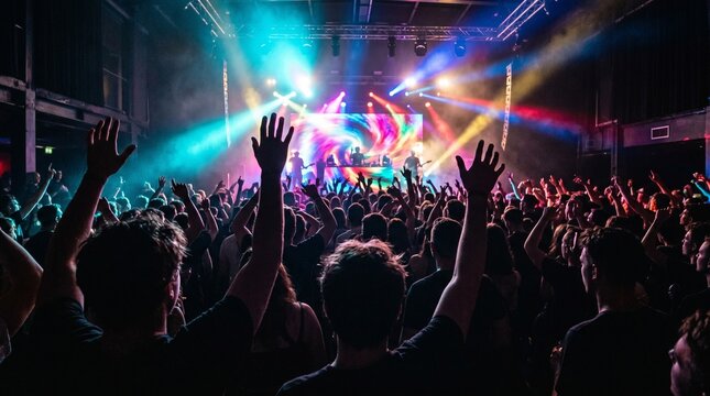 Silhouettes of cheering crowd with raised hands at live music show