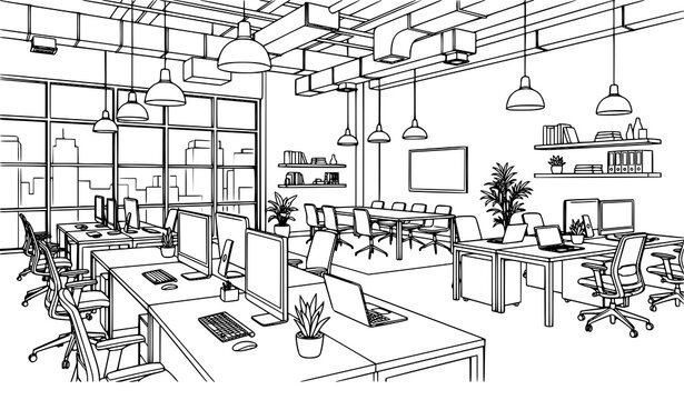 SEO Title:
Modern Office Interior Architectural Outline Sketch Vector Illustration Isolated on White Background