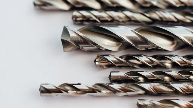 Stainless steel drill bits with various sizes and types, showing working tips and helical flutes against a clean white background, representing construction and diy tools