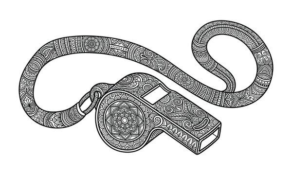 Detailed referee whistle with lanyard line art illustration featuring intricate zentangle mandala patterns for adult coloring books.