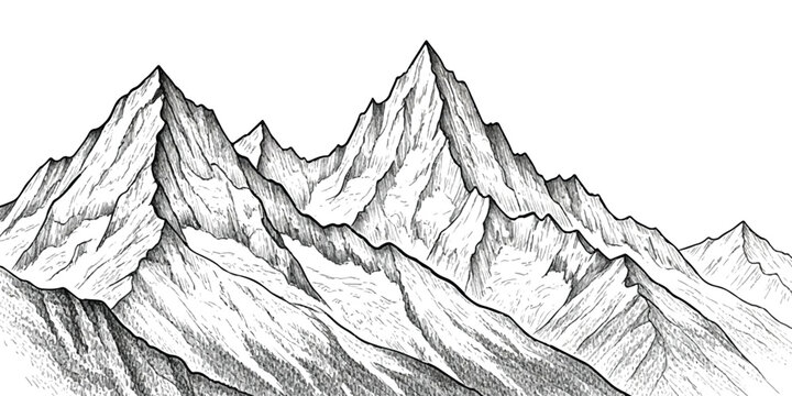 Black and white ink sketch of high mountain peaks with rocky texture