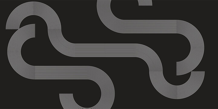 Abstract black background with white geometric parallel curved lines pattern. Modern minimalist backdrop with dynamic linear road track vector.