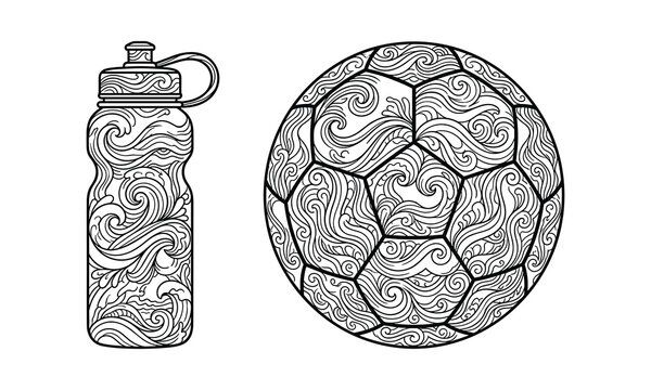Intricate wave pattern soccer ball and water bottle black and white line art for adult coloring book.