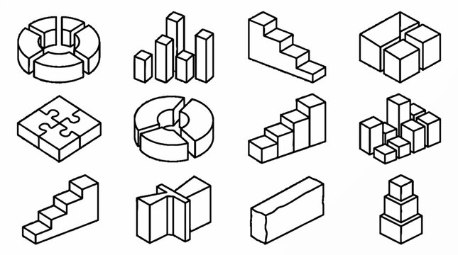 Isometric business data visualization icons set with charts graphs and puzzle pieces in outline style.