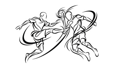 Obraz premium Abstract black and white line art illustration of two dynamic soccer players competing for the football mid-air