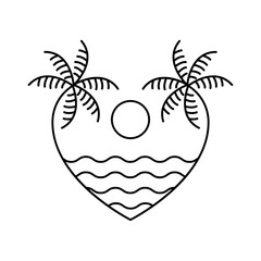 Logo agencia de viajes. Vacaciones de verano. Dibujo minimalista con líneas de dos palmera formando un corazón, con olas y un sol redondo central  © teracreonte