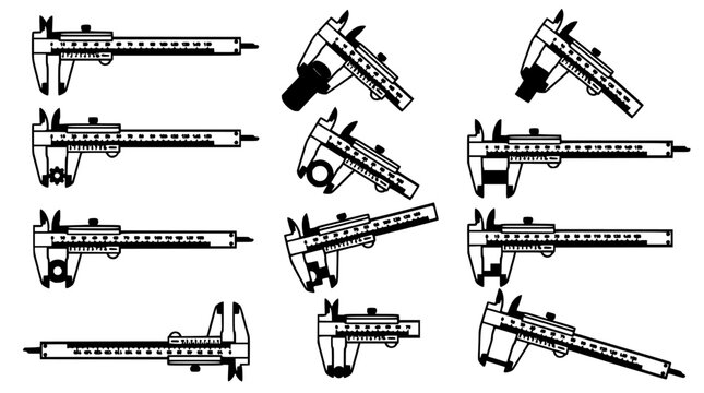 Calipers Collection of Twelve Black and White Engineering Measurement Tools with Detailed Scale Engravings and Dial Indicators