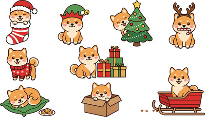Obraz premium Cute kawaii Shiba Inu dog cartoon character collection with Christmas holiday activities and adorable winter sticker illustrations