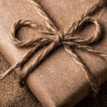 Brown paper wrapped gift tied with twine bow
