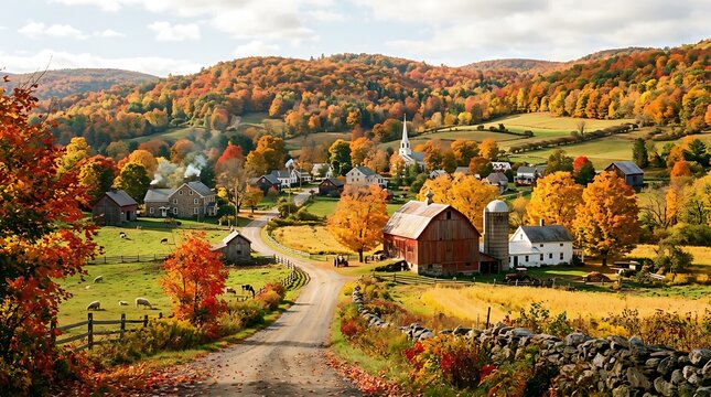 Vibrant New England Autumn Village: Historic Church, Red Barn, Winding Road, and Colorful Foliage