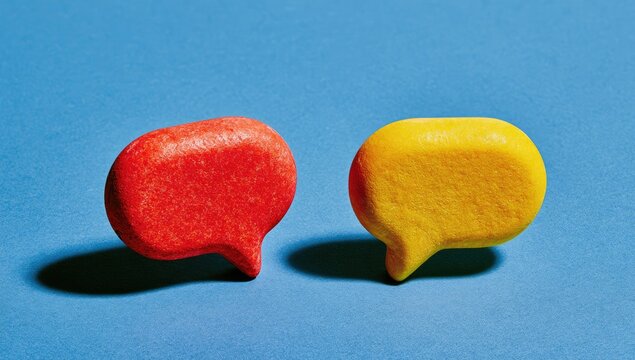 Two colorful conversation bubbles facing each other on a blue background
