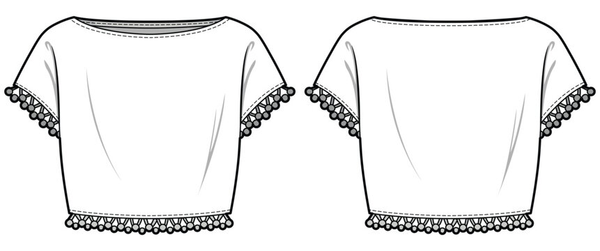 Women Sleeveless cropped blouse with bell tassel  boarder design flat sketch fashion illustration drawing with front and back view. Tassel fringe Blouse top cad drawing