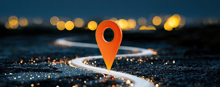 Orange location marker on a winding path through a bokeh city at night