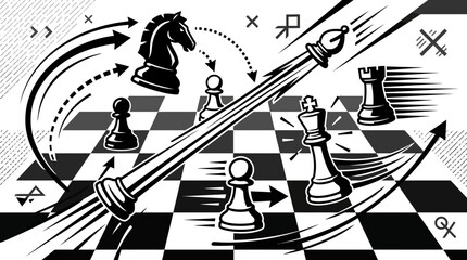 Black and white chess pieces on board with arrows. © Majuu