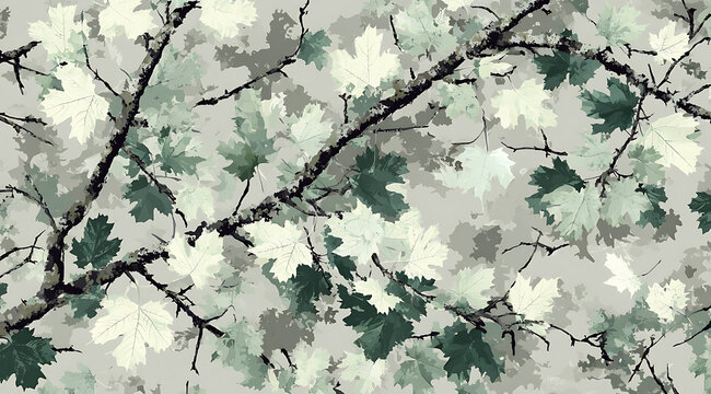 High-contrast maple leaf camouflage pattern with dark winter branches and layered mint, sage green, and cream foliage over an abstract multi-toned grey background. Seamless tactical texture ideal 