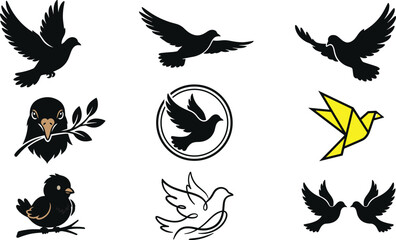 Obraz premium Black bird silhouette collection with flying, perched and peace dove icons, elegant wildlife vector illustration set