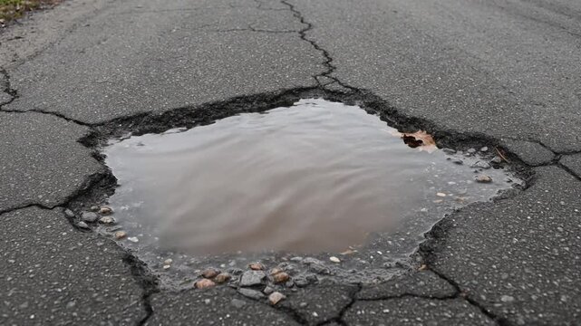 Pothole on cracked asphalt road filled with rainwater ripples
