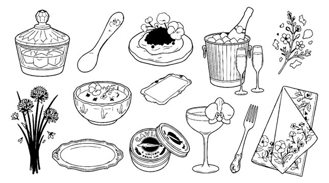 Hand drawn luxury dining and gourmet food icons set in black and white line art style.
