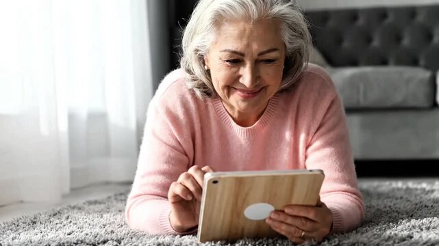 Smiling senior woman relaxing on living room floor using tablet, representing active aging and digital literacy in retirement