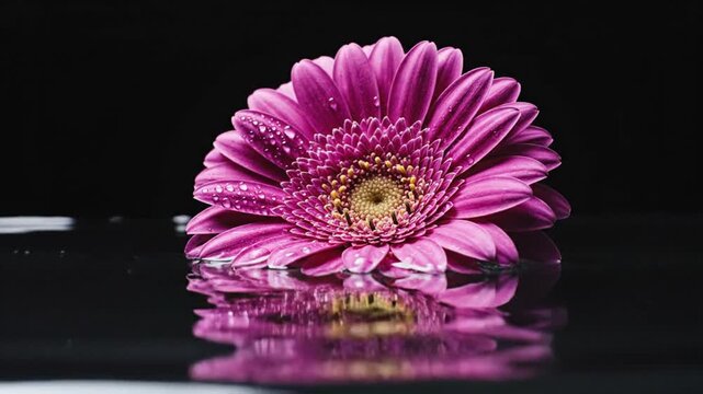 Pink gerbera daisy floating on water with droplets and reflection