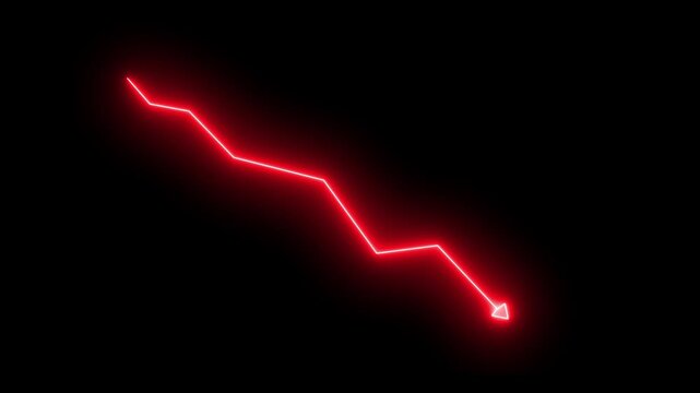 Glowing neon business graph animation with a downward trend arrow on black background. Abstract global market decline and financial performance concept.