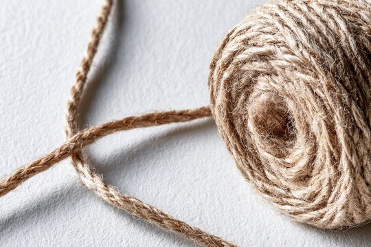 Coarse twine rolls neatly on textured white surface